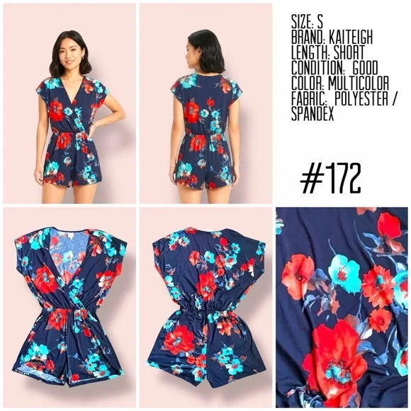 Floral Navy Wrap Romper - Women's Short Jumpsuit - Picture 6 of 6